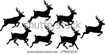 Herd of deer leaping and running in a dynamic silhouette collection for nature graphic design