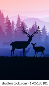 Herd of deer in the natural forest. Wild animals. Mountains horizon hills silhouettes of trees. Evening Sunrise and sunset. Landscape wallpaper. Illustration vector style. Colorful view background.  
