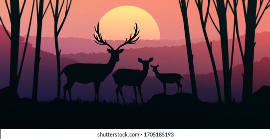 Herd of deer in the natural forest. Wild animals. Mountains horizon hills silhouettes of trees. Evening Sunrise and sunset. Landscape wallpaper. Illustration vector style. Colorful view background.  
