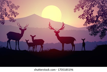 Herd of deer in the natural forest. Wild animals. Mountains horizon hills silhouettes of trees. Evening Sunrise and sunset. Landscape wallpaper. Illustration vector style. Colorful view background.  
