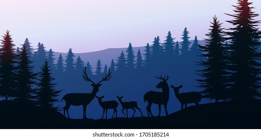 Herd of deer in the natural forest. Wild animals. Mountains horizon hills silhouettes of trees. Evening Sunrise and sunset. Landscape wallpaper. Illustration vector style. Colorful view background.  
