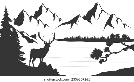 Herd of deer in the natural forest. Wild animals. Mountains horizon hills silhouettes of trees. Illustration vector style