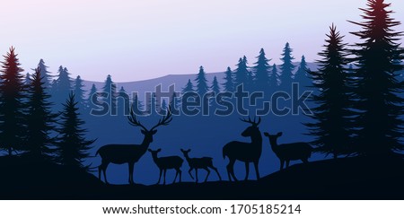 Herd of deer in the natural forest. Wild animals. Mountains horizon hills silhouettes of trees. Evening Sunrise and sunset. Landscape wallpaper. Illustration vector style. Colorful view background.  
