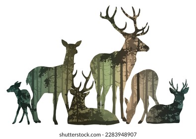 herd of deer silhouette. Inside is a pine forest. Vector illustration, isolated object