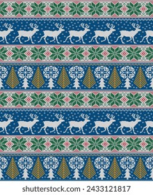 A herd of deer is walking through the pine forest. In the middle of snow falling on Christmas night. Knitting Seamless Pattern. Vector illustration.