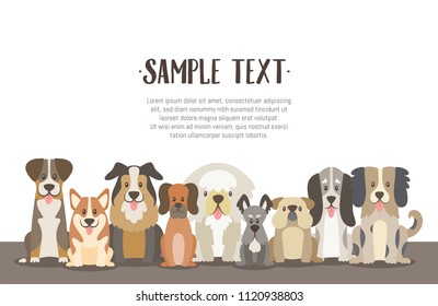 Herd of dogs background illustration with sample text in the top. Sat dogs in front view position. Vector illustration.