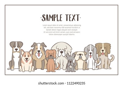 Herd of dogs with sample text. Hand drawn illustration background. Sat dogs in front view position. Vector illustration.