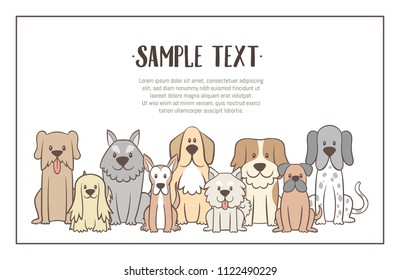 Herd of dogs under a blankspace for addign your text. Hand drawn illustration background. Sat dogs in front view position. Vector illustration.