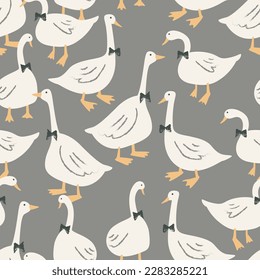Herd of ducks with bow tie in grey background funny cute seamless pattern animals zoo wildlife illustration