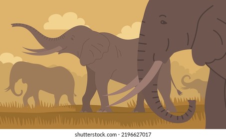 Herd of elephants. African elephant with trunk and tusks. Large herbivorous mammal. Zoo wild animal. Wild savanna landscape. Wildlife and zoo. Nature and fauna. Cartoon vector illustration