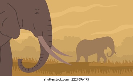 Herd of elephants. African elephant with trunk and tusks. Large herbivorous mammal. Zoo wild animal. Wild savanna landscape. Wildlife and zoo. Nature and fauna. Cartoon vector illustration