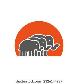 A herd of elephants against the background of the sun. Vector logo.