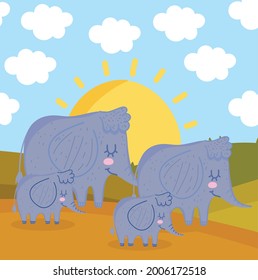 herd of elephants cartoon at sunset