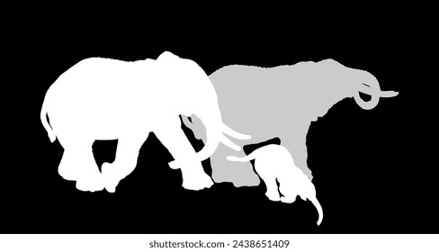 Herd of elephants family drink water vector silhouette illustration isolated on black background. Africa safari animals. Strong powerful mammals in nature habitat. Elephant shape shadow symbol.