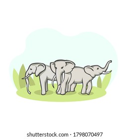 Herd of elephants in meadow. Group of wild animals stand on green pasture blooming landscapes of kenyan savannah natural open vector world.