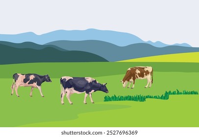 Manada de vacas pastando contra un paisaje rural. Campo de pastos, pradera de verano, hierba verde. Prado alpino. Ilustración vectorial