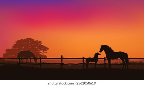 herd of grazing horses behind wooden fence - mother mare and baby foal, sunset field and tree vector silhouette landscape