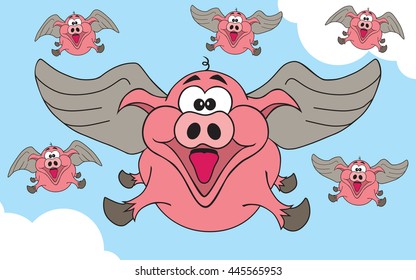 Herd of happy flying pigs soaring through the sky