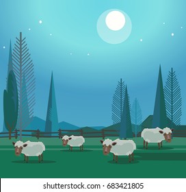 Herd of happy smiling sheep grazing in meadow. Vector flat cartoon illustration