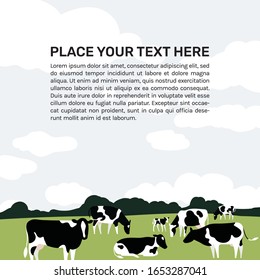 A herd of Holstein Friesian cows graze in a meadow against the background of a forest and a cloudy sky. Vector illustration in a simple minimalistic style, flat design.