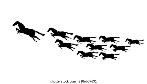 Herd of horses. Black silhouette, vector illustration.