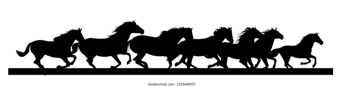 Herd of horses gallops fast. Image silhouette. Wild and domestic animals. Isolated on white background. Vector.