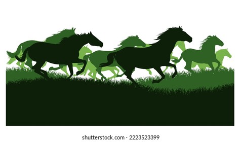 Herd of horses gallops fast. Image silhouette. Wild and domestic animals. Isolated on white background. Vector.