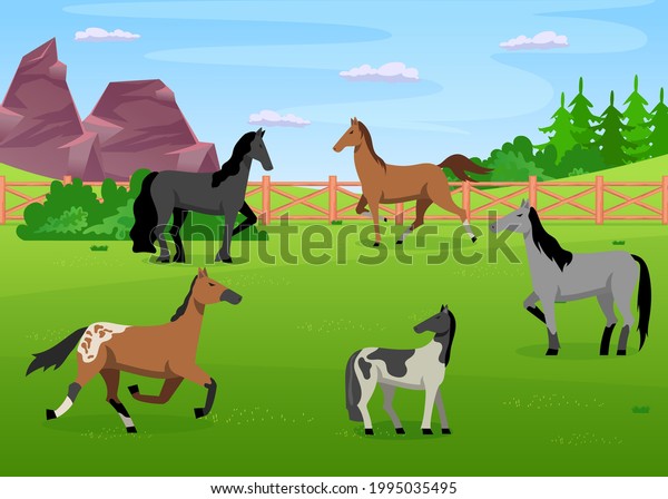 Herd Horses Grazing Paddock Cartoon Vector Stock Vector (Royalty Free ...