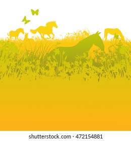 Herd of horses on green pasture and peaceful landscape