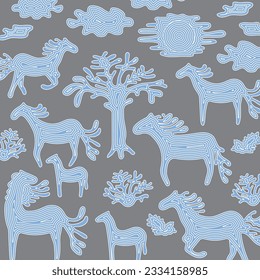 "Herd of Horses" pattern depicts grazing wild horses and their foals. It suits various surfaces like textiles, panels, dishes, and backgrounds.