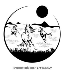 Herd of horses running forward