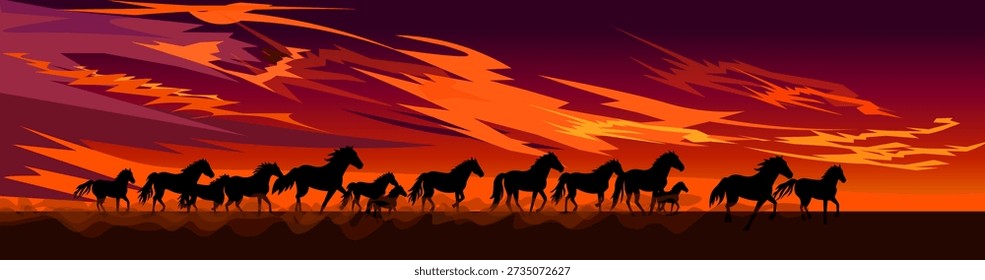 A herd of horses runs against the backdrop of a sunset The horizontal elongated background emphasizes the rapid dynamics of the movement of graceful horses Dark silhouettes of galloping horses against a red-orange sky Vector