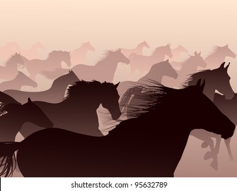 Herd of horses skipping in a smoke.