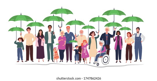 Herd immunity concept. People of different age groups, men, women and children  are protected from the harmful effects of viruses. Preventive measures, human protection, group immunity.