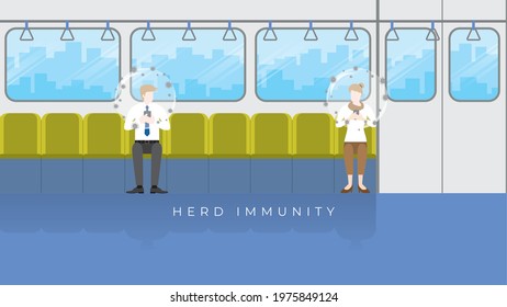 Herd immunity concept as virus protect bubble on people head. An immunized person protected from the harmful effect of the virus return to normal life. Using smartphone in train public transportation.