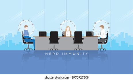 Herd immunity concept as virus protects bubble on people head. An immunized person protected from the harmful effect of the virus return to normal life. Business meeting in the office conference room.