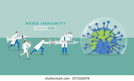 Herd immunity concept as virus protects bubble cover on earth. Medical staff doctors and nurses inject vaccine syringes to prevent and immunize people. Collaborate work to cure the world of pandemics.