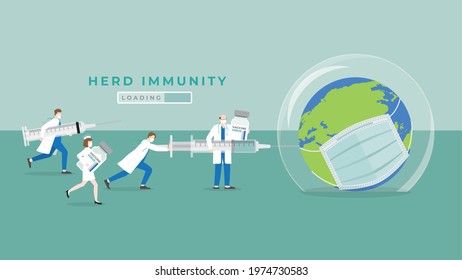 Herd immunity concept as virus protects bubble cover on earth. Medical staff doctors and nurses inject vaccine syringes to prevent and immunize people. Collaborate work to cure the world of pandemics.