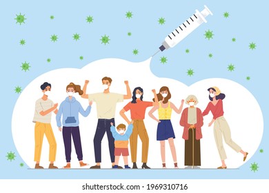 Herd immunity; group of diverse and different age people wearing mask in a bubble of vaccine. Concept of COVID-19 vaccination, controlling coronavirus epidemic, prevention. Flat vector illustration.