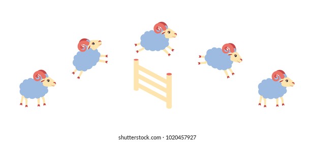 Herd of lamb or sheep jumping over the fence.