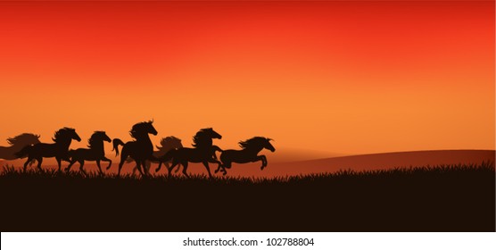herd of running wild horses - editable vector illustration