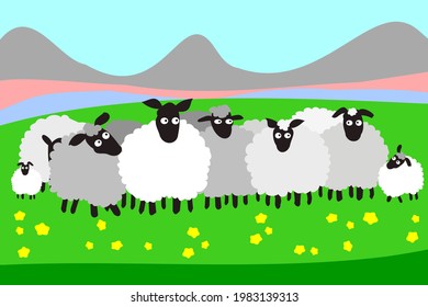 A herd of sheep in a field with yellow flowers, against the background of mountains, on a sunny day.