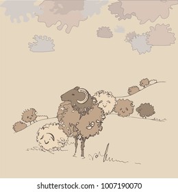 A herd of sheep in the hills. Fluffy sheep, like clouds