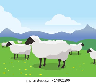 herd of sheep on green meadow