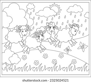 A herd of sheep runs away from the rain - a vector linear picture for coloring. Outline. Sheep and rams run across the meadow, it's raining - a picture for a children's coloring book