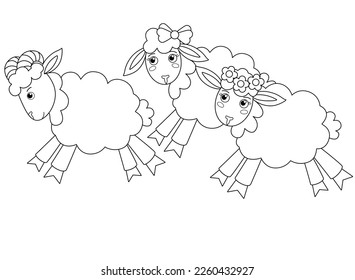 Herd of sheep - vector linear picture for children's coloring. Cute sheep, lambs and rams are running - a children's picture for coloring. Outline.