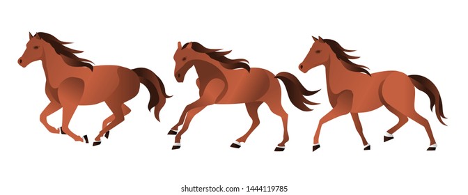 A herd of strong and fast 3 brown horses racing trio isolated vector illustration