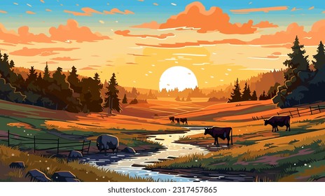 Herd of summer countryside cows at sunset between pretty fields and meadows