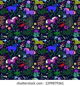 a herd of unicorns, birds and insects with a blooming garden, a garden with beautiful animals and plants, an illustration of a magical forest for children. seamless vector pattern