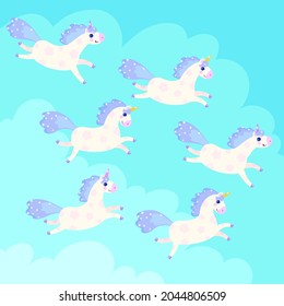 herd of white unicorns gallop in cloudy blue sky